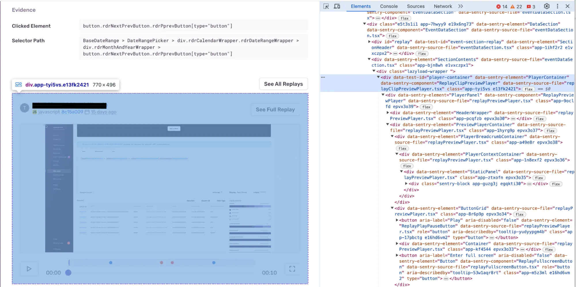 Chrome DevTools showing the data-sentry-component, data-sentry-element, and data-sentry-source-file annotations within the Elements panel