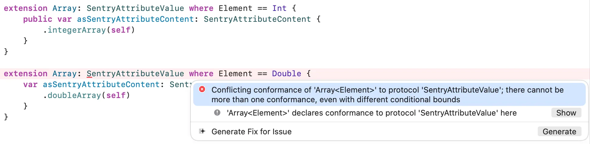 Compiler error when multiple conformances to same protocol